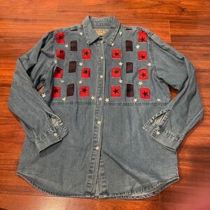 Tantrum Blues Denim Star‎ Patch Button Down Shirt Americana Blue Red Large